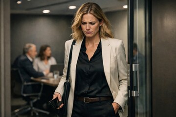 Stressed businesswoman leaving meeting room, corporate pressure and workplace conflict concept in modern office hallway.