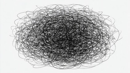 Abstract chaotic sketch, a dense cluster of interwoven, messy lines forming a dark oval shape against a light background