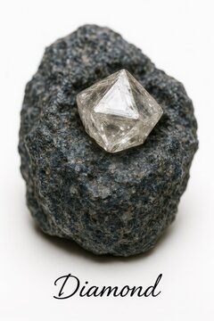 Natural raw diamond crystal embedded in dark kimberlite matrix