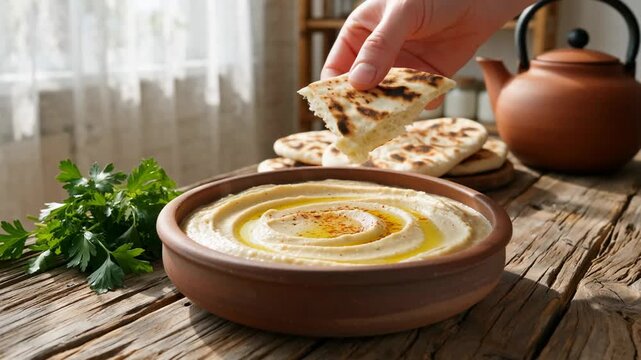 Hands tearing bread to dip into creamy hummus in a rustic setting with natural light and greenery