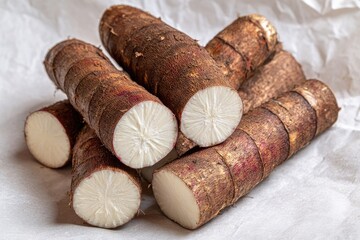 Stacked yams, cut cross-sections, earthy tones