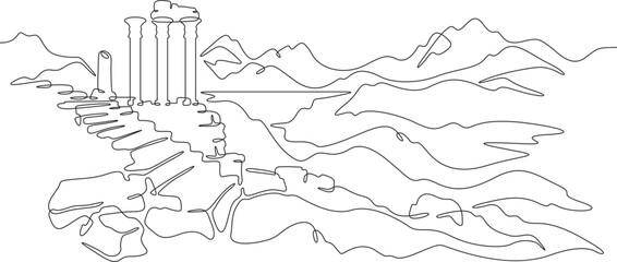 Continuous single line drawing ancient ruins against the backdrop of mountains. Historical landscape. Cultural heritage. Linear.One continuous line isolated minimalist illustration. Not AI.