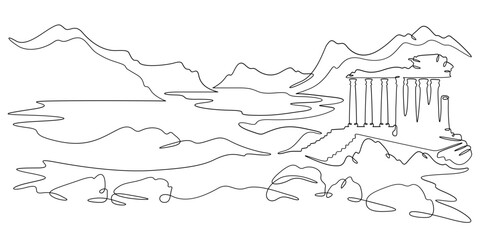 Continuous single line drawing ancient ruins against the backdrop of mountains. Historical landscape. Cultural heritage. Linear.One continuous line isolated minimalist illustration. Not AI.