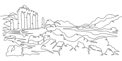 Continuous single line drawing ancient ruins against the backdrop of mountains. Historical landscape. Cultural heritage. Linear.One continuous line isolated minimalist illustration. Not AI.