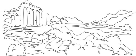 Continuous single line drawing ancient ruins against the backdrop of mountains. Historical landscape. Cultural heritage. Linear.One continuous line isolated minimalist illustration. Not AI.