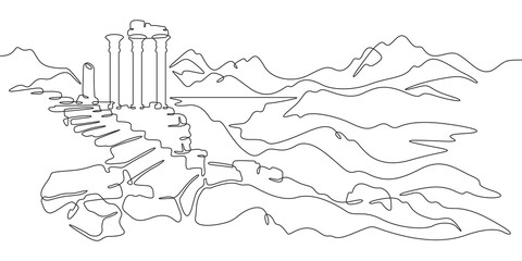 Continuous single line drawing ancient ruins against the backdrop of mountains. Historical landscape. Cultural heritage. Linear.One continuous line isolated minimalist illustration. Not AI.