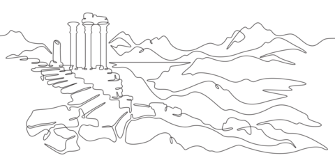 Continuous single line drawing ancient ruins against the backdrop of mountains. Historical landscape. Cultural heritage. Linear.One continuous line isolated minimalist illustration. Not AI.