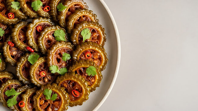 Spicy Stuffed Bitter Gourd Karela Rings with Chili and Cilantro Garnish on White Plate