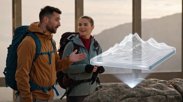 Two hikers engaging in a discussion about terrain visualization in a mountainous landscape with a digital map projection on a rock