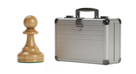 Chess pawn and metal briefcase business strategy game isolated on a transparent background