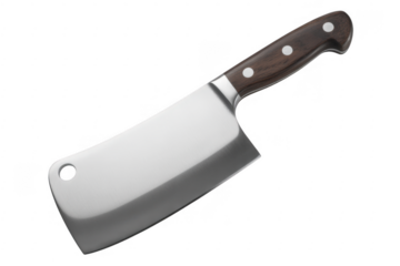 Large meat cleaver with wooden handle butcher knife isolated on a transparent background