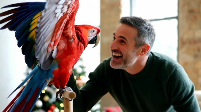 A man joyfully interacting with a colorful parrot indoors, with festive decorations in the background, creating a cheerful atmosphere