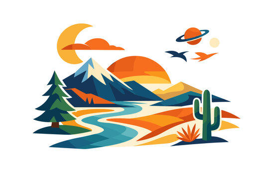 Stylized desert landscape with mountains, river, cactus, and celestial elements