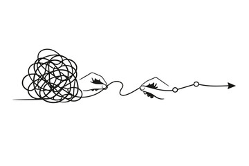 Hands untangling a messy thread into a straight line with progress points