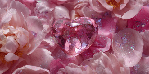 translucent pink heart-shaped crystal ornament surrounded by floating glittered peony petals against a solid soft blush background for a modern Valentine's Day concept.