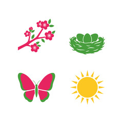 Spring season icons with butterfly nest flowers and sun.