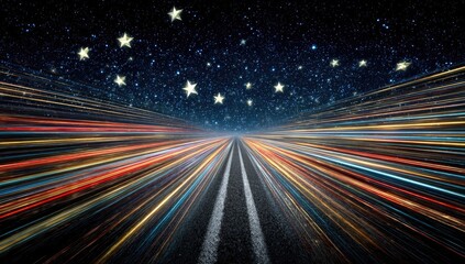 Night road with streaks of light from moving vehicles, stars in the sky