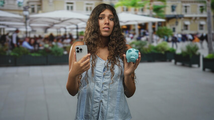 Woman holding smartphone and blue piggybank, bites lip while checking screen on street; financial indecision anxiety.