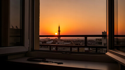 Obraz premium Sunset view from a window with a mosque and rosary on the sill cityscape prayer beads islamic architecture minaret