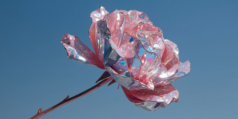 single surreal rose stem with petals sculpted from sparkling silver and pink holographic glitter facets is centered against a solid smooth electric blue background 