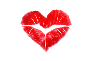 Red lipstick kiss mark forming heart shape on transparent background