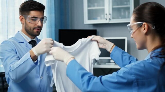 Two laboratory professionals inspecting a white fabric shirt in a bright, modern office environment, showcasing attention to detail and professionalism