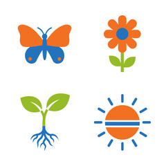 Naklejka premium Spring icons butterfly flower seedling sun.