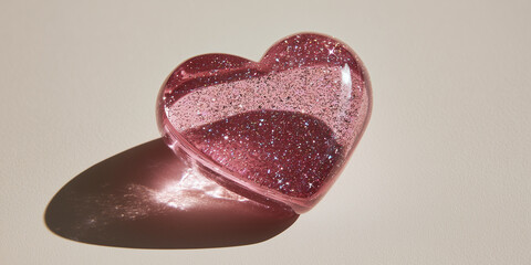 soft pink shadow cast by an unseen transparent glass heart with subtle glitter reflections is projected onto a solid off-white background to illustrate a minimalist Valentine's Day concept
