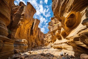 Canyon passage, sandstone walls, sunny sky