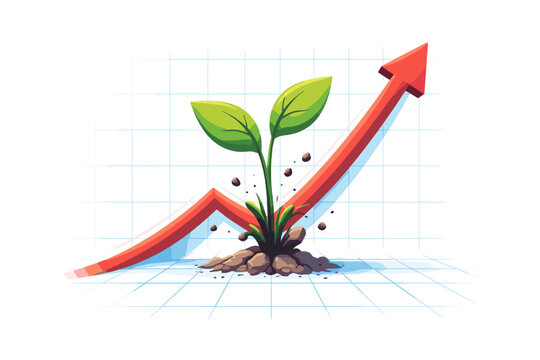 Green sprout growing from soil on a rising red arrow graph chart