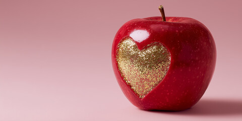 Obraz premium single glossy lacquer red apple features a glowing gold glitter heart-shaped bite against a solid pale pink background, illustrating a seductive modern temptation concept for Valentine's Day marketing