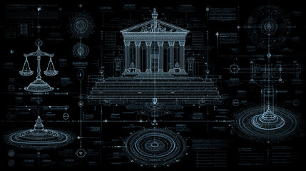 Court UI symbols scene showing interface elements representing navigation justice system professionalism digital environment controlled lighting
