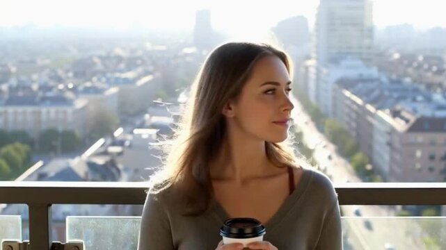 Girl sitting on a balcony with coffee, wind ruffling her hair. video