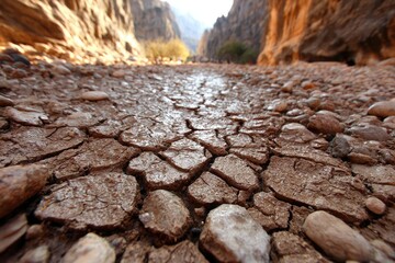 Dry, cracked earth floor of a canyon