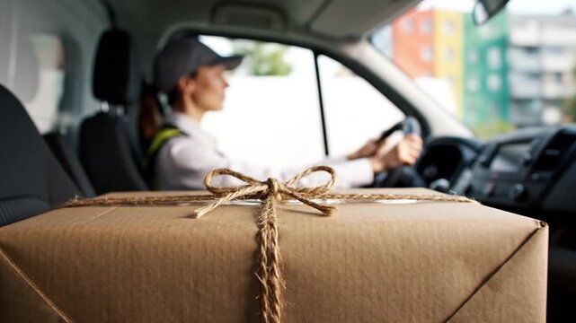 Package Delivery in Transit: A focused delivery person navigating through city streets, with a securely packaged parcel ready for dispatch.
