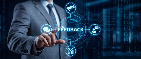 Hand interacting with digital FEEDBACK hologram showing megaphone and growth icons. Concept of customer satisfaction metrics, professional survey strategy, and actionable corporate insight data.