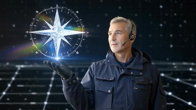 A man in a dark jacket wearing a headset, posing thoughtfully against a cosmic digital backdrop with a grid pattern