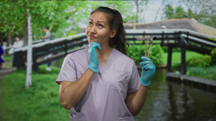 Fototapeta premium Latin woman dentist holding dental mirror and probe, hand on chin touching face, smiling by a canal bridge on a street in amsterdam; curiosity.