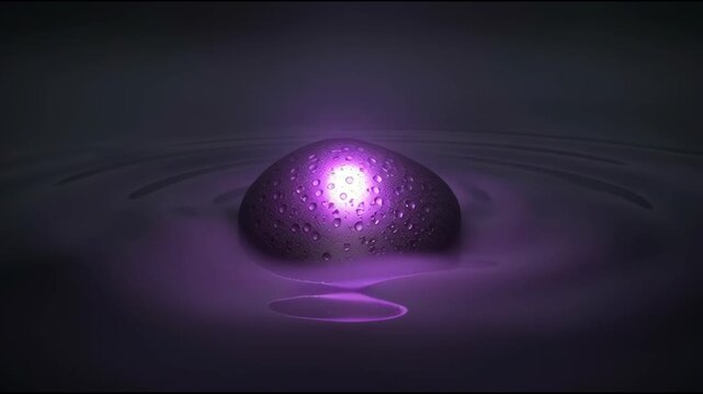 Abstract purple glowing object floating on dark liquid surface