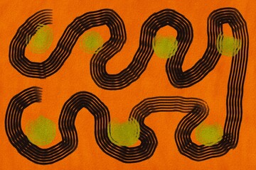 Obraz premium Colorful abstract design with wavy lines and green circles on orange background