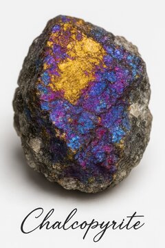 Macro geology photo of chalcopyrite with rainbow luster on matrix