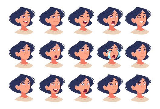 Collection of female faces displaying wide array of emotional states for creative use