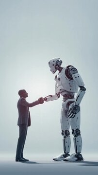 A human and a translucent AI figure shake hands against a glowing horizon, symbolizing trust, partnership, and the harmonious future where humanity and artificial intelligence walk forward &mdash; together.