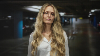 Fototapeta premium Woman with glasses gives thumbs down in a dimly lit parking garage, wearing a white shirt and showing long blonde hair, conveying disapproval indoors.