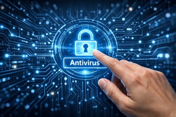 Cybersecurity antivirus protection concept with human hand touching digital lock icon on futuristic circuit board background interface design. Ai generative