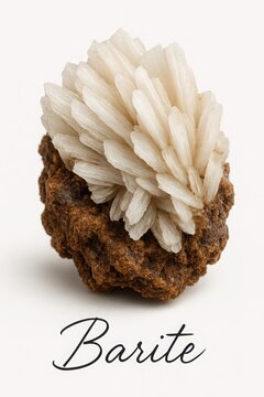 Barite crystal spray cluster on iron stained matrix isolated in studio