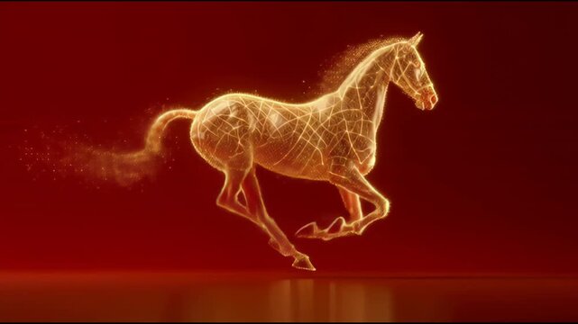 Abstract golden horse with glowing particle effects running in slow motion on red background for Chinese New Year.