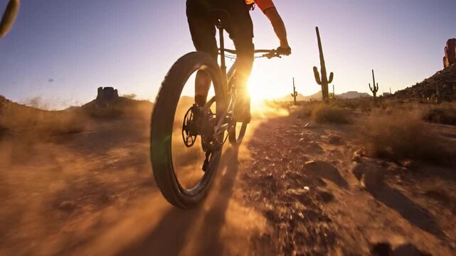 Desert Cyclist's Sunset Ride: A cyclist fearlessly rides their bicycle through a dusty desert landscape, silhouetted against the bright, warm glow of the setting sun.