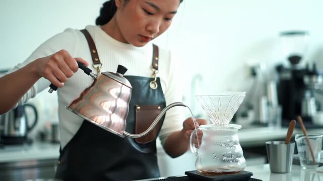 Skilled barista in white shirt & leather apron meticulously performs pour-over coffee, showing copper kettle, glass dripper on clean counter with bokeh. Artisanal craftsmanship concept