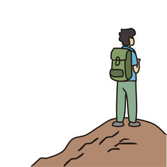Hand-drawn vector illustration of a male backpacker standing on a mountain peak looking at the view. Hiking theme.